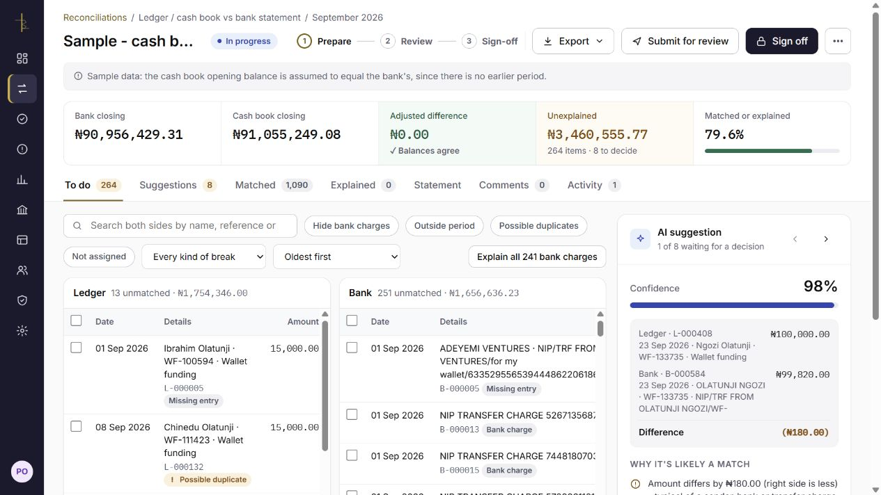 Brillrec bank reconciliation workspace with balances, outstanding records and matching suggestions